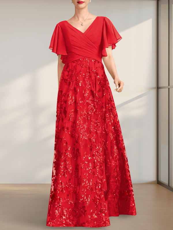 Vestido de madre de la novia de gasa con lentejuelas, encaje, escote en V y largo hasta el suelo, con pliegues
