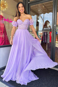 A-Linien-Chiffon-Abendkleid mit herzförmigem Ausschnitt und Puffärmeln