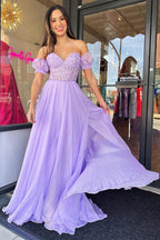 A-Linien-Chiffon-Abendkleid mit herzförmigem Ausschnitt und Puffärmeln