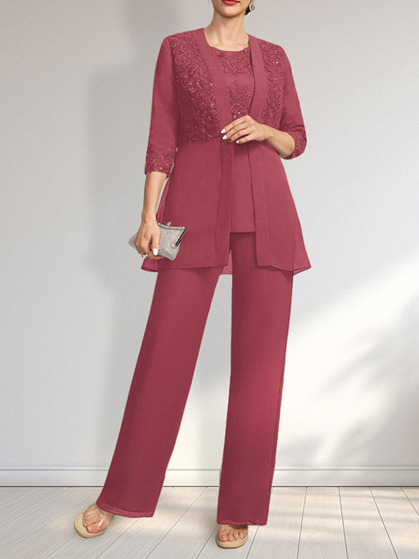 Jumpsuit/Hosenanzug-Set, bodenlanges Chiffon-Spitzenkleid mit Pailletten für die Mutter der Braut mit Rundhalsausschnitt