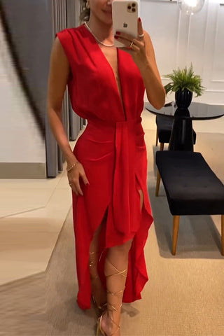 Meridress Deep V Neck Drape Front Sleeveless Swallowtail Maxi Party Dress