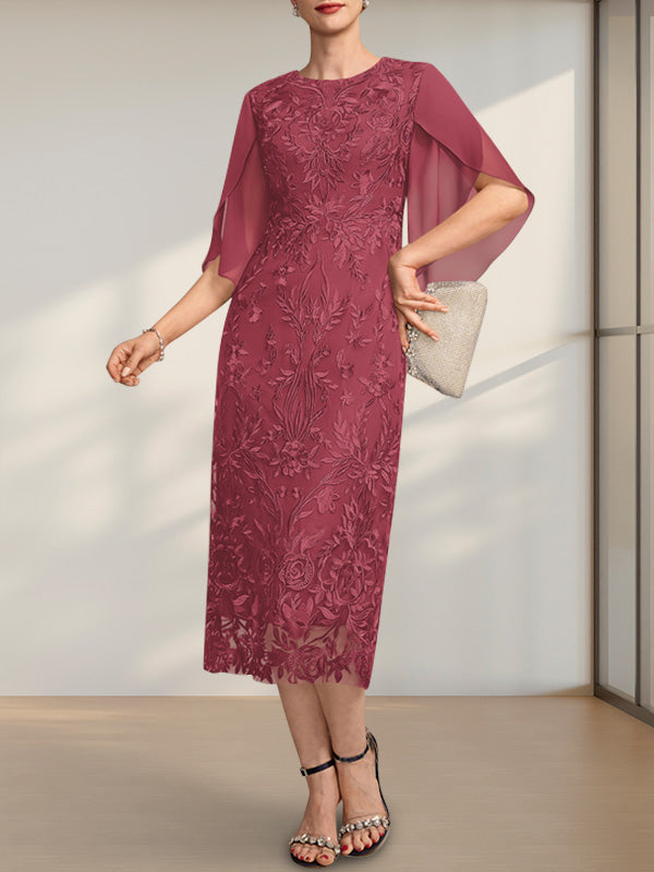 Etuikleid/Säulenkleid mit Rundhalsausschnitt, Teelänge, aus Spitze und Chiffon, ideal für die Mutter der Braut