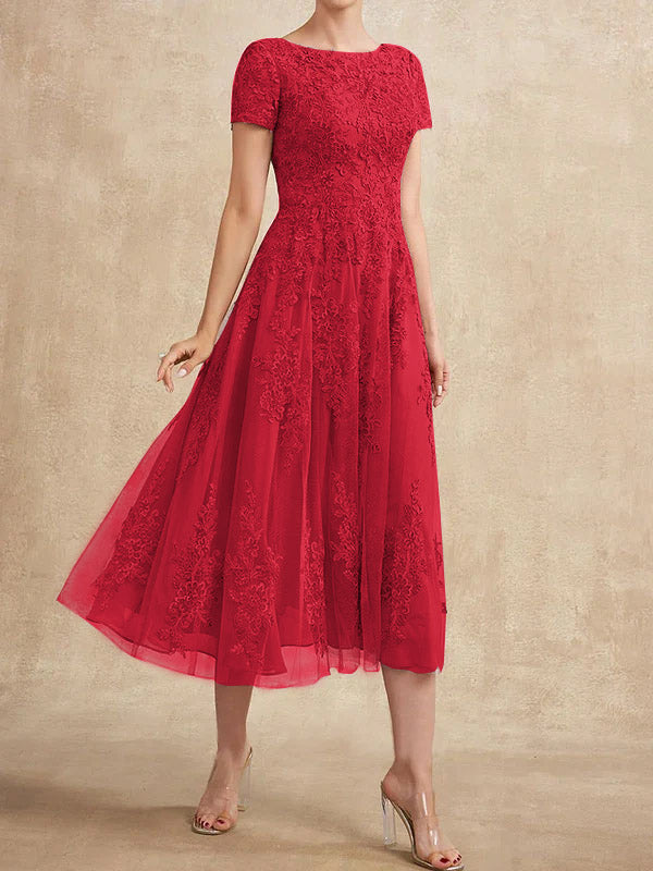 A-Linien-Kleid aus Tüllspitze mit Rundhalsausschnitt und Teelänge für die Mutter der Braut 