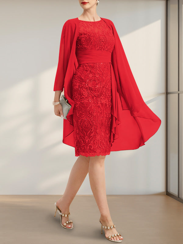 Etuikleid/Säulenkleid mit Illusion-Ausschnitt, knielang, aus Chiffon mit Spitze, Kaskadenrüschen und Pailletten für die Mutter der Braut