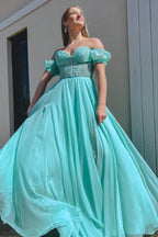 A-Linien-Chiffon-Abendkleid mit herzförmigem Ausschnitt und Puffärmeln