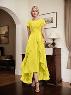 A-Linien-Kleid mit asymmetrischem Chiffon-Spitzenausschnitt, Schleife, Rüschen und Pailletten für die Mutter der Braut 