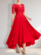 A-Linien-Kleid mit asymmetrischem Chiffon-Spitzenausschnitt und Pailletten für die Mutter der Braut 
