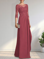 A-Linien-Kleid mit U-Boot-Ausschnitt, Illusion-Effekt, bodenlang, aus Chiffon und Spitze, mit Perlen, Pailletten und kaskadenartigen Rüschen – perfekt für die Mutter der Braut.