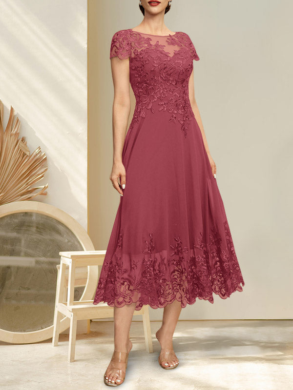 A-Linien-Kleid mit Illusion-Ausschnitt, Rundhalsausschnitt, Teelänge, Spitze und Chiffon, mit Pailletten, für die Mutter der Braut