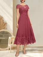 A-Linien-Kleid mit Illusion-Ausschnitt, Rundhalsausschnitt, Teelänge, Spitze und Chiffon, mit Pailletten, für die Mutter der Braut