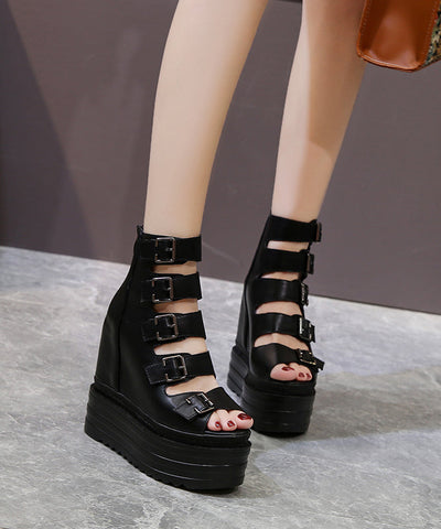 Stilvolle schwarze Splicing Plateau Sandalen Stiefel Hollow Out 