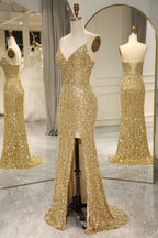 Glitzerndes Meerjungfrauen-Abendkleid mit Spaghettiträgern, goldenen Pailletten und Schlitz vorne