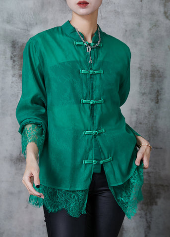 Kunst Grün Chinesische Taste Patchwork Spitze Hemd Tops Sommer 