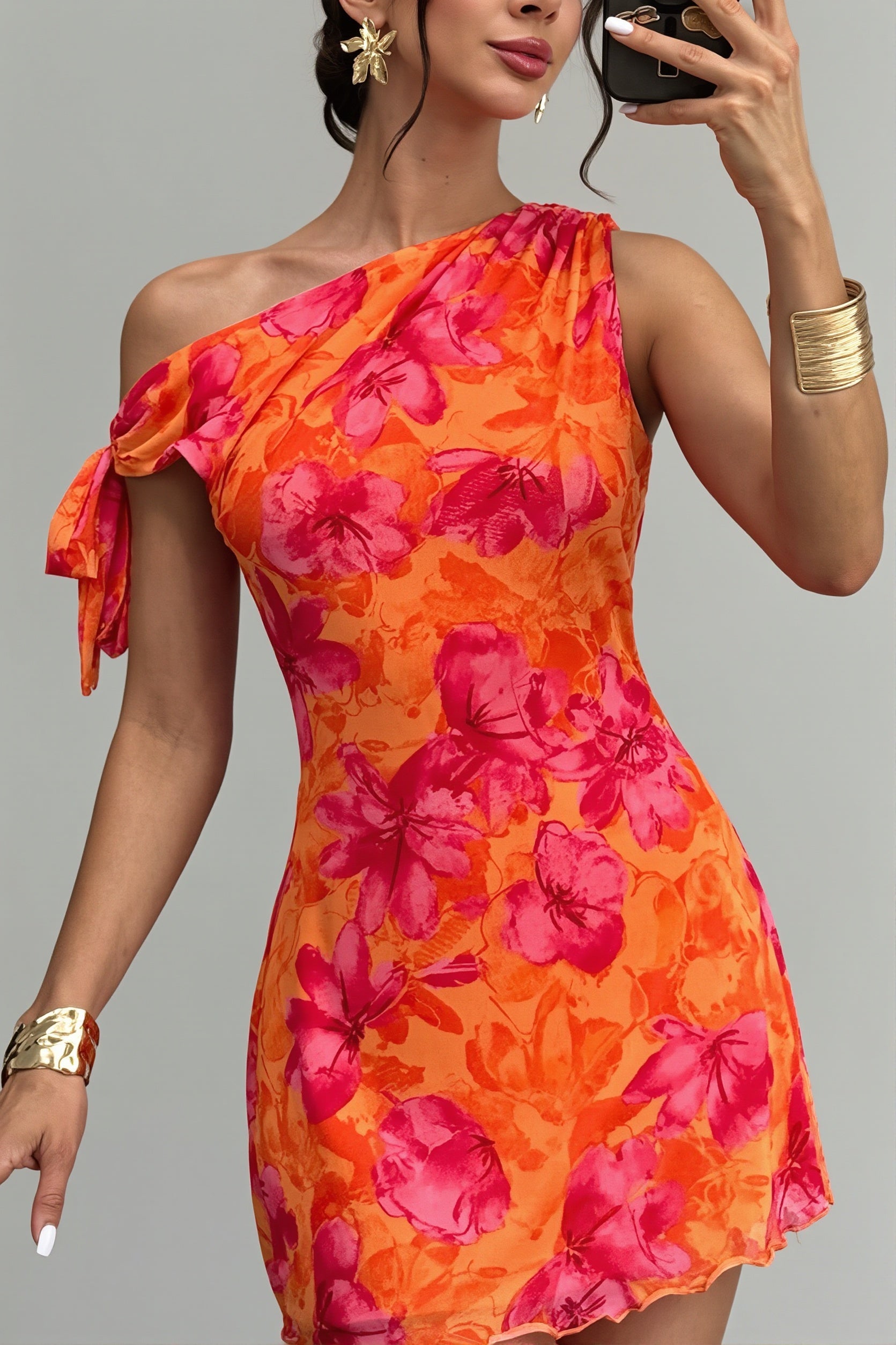 Sexy Floral Print Waist Cinched Mini Dress