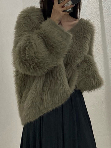 Suéter de cuello en V, suelto, de color liso y manga larga, de creación original 