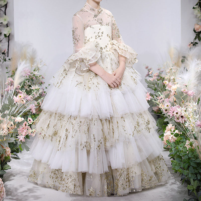 Vestido de primera comunión para niña, vestido de princesa con flores y malla abullonada. 