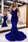 Mermaid Spaghetti Straps Royal Blue Sequins Long Prom Dress with Sweep Train