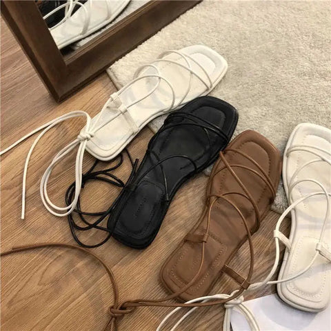 Flat Sandal Shoe All-Match Strappy Heels Shallow Mouth 2024 Women's Suit Female Beige Without Low  Gladiator Girls Outside New C