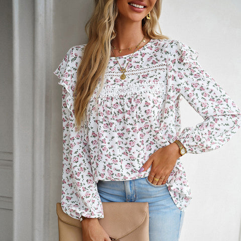Floral Shirt Women Autumn Winter Women round Neck Long Sleeved Blouse