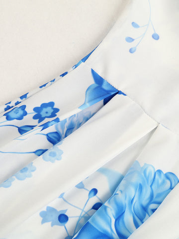 Ombre Floral Dress Spaghetti Straps High Slit Tiered Casual Summer Maxi Dresses