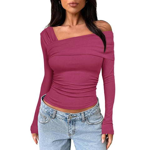 CUTENOVA - Camiseta básica lisa con hombros descubiertos para mujer, camiseta de manga larga, camiseta suave y encogida, top versátil de calle para uso diario en otoño 