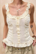 Lace Ruffle Tie Button Cami Top