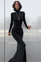 Solid Color High Neck Long Sleeve Maxi Dress