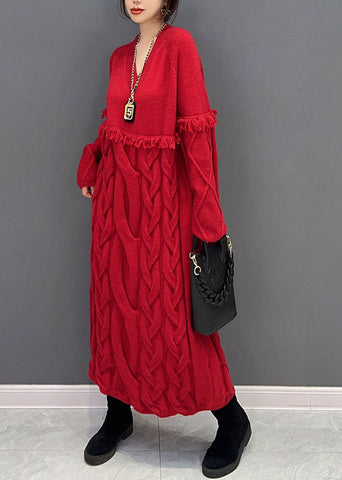 Vestido suéter suelto de punto con borlas y cuello en V rojo para mujer para invierno 