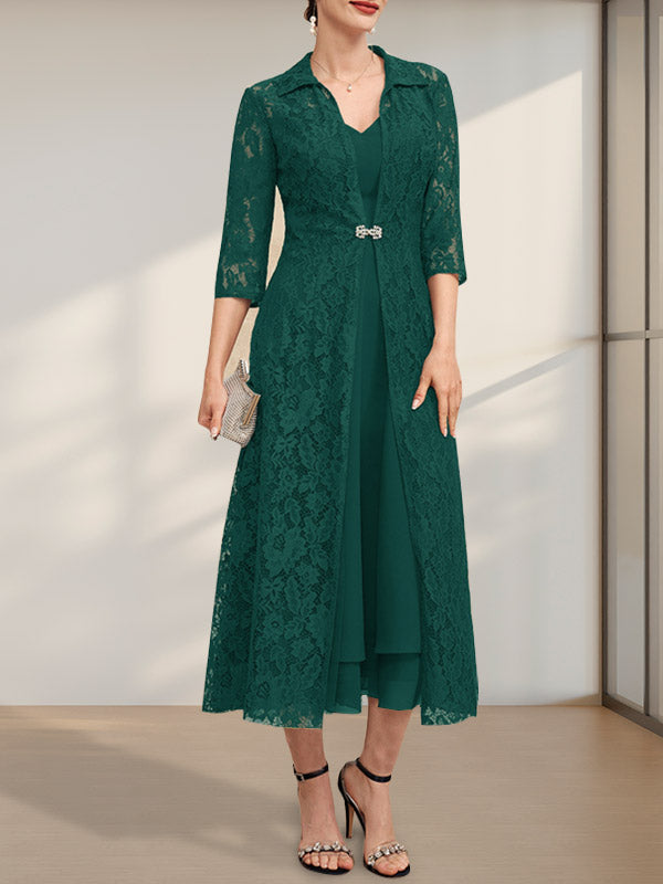 A-Linien-Chiffonkleid mit V-Ausschnitt und Teelänge für die Mutter der Braut