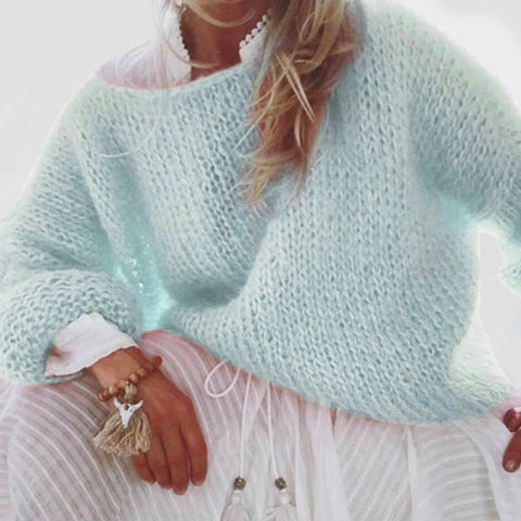 Suéter de punto esponjoso con cuello barco liso de Meridress