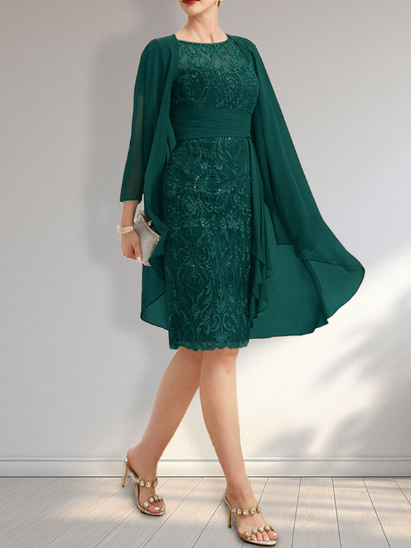 Etuikleid mit Rundhalsausschnitt, Illusion-Effekt, knielang, aus Chiffon mit Spitze, Rüschen und Pailletten – ideal für die Mutter der Braut