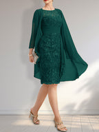 Etuikleid mit Rundhalsausschnitt, Illusion-Effekt, knielang, aus Chiffon mit Spitze, Rüschen und Pailletten – ideal für die Mutter der Braut