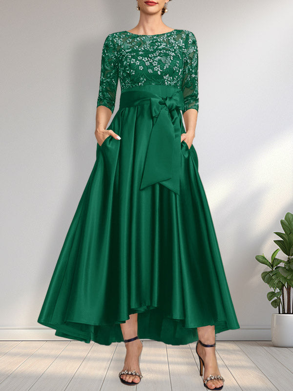 A-Linien-Kleid mit asymmetrischem Ausschnitt, Illusion-Effekt, Satinspitze und Schleife für die Mutter der Braut