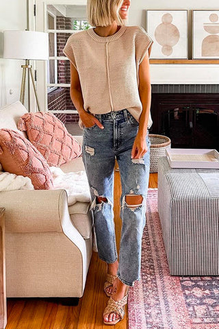 Suéter tipo jersey con cuello redondo y mangas cortas de Meridress