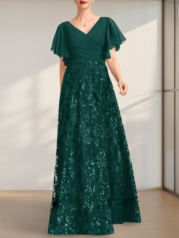 Vestido de madre de la novia de gasa con lentejuelas, encaje, escote en V y largo hasta el suelo, con pliegues