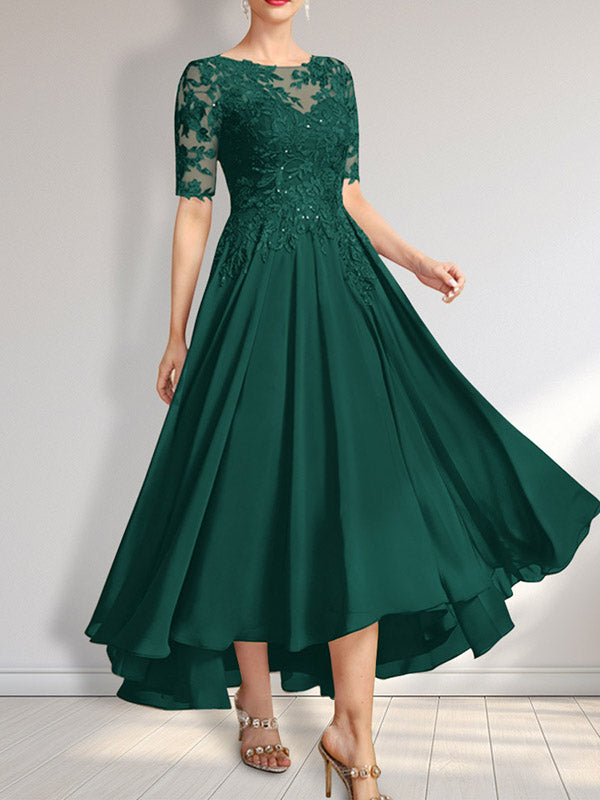 A-Linien-Kleid mit asymmetrischem Chiffon-Spitzenausschnitt und Pailletten für die Mutter der Braut 