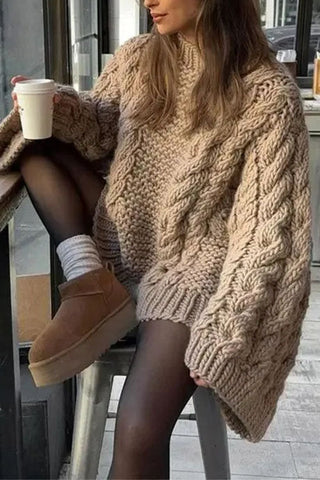 Suéter de punto trenzado extragrande con cuello redondo de Meridress