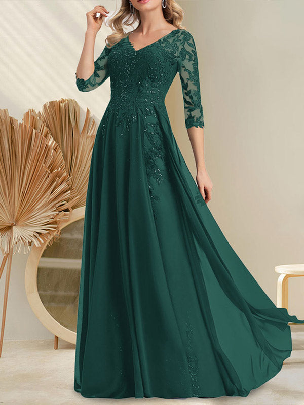 A-Linien-Kleid aus Chiffon mit V-Ausschnitt, bodenlang, mit Pailletten besetzt – ideal für die Mutter der Braut
