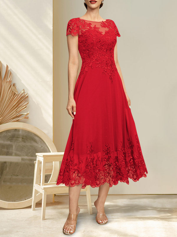 A-Linien-Kleid mit Illusion-Ausschnitt, Rundhalsausschnitt, Teelänge, Spitze und Chiffon, mit Pailletten, für die Mutter der Braut