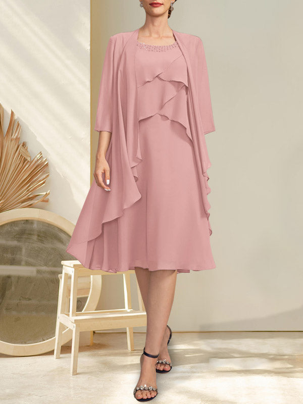 A-Linien-Chiffonkleid mit Rundhalsausschnitt und Perlenstickerei, knielang, für die Mutter der Braut