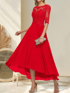 A-Linien-Kleid mit U-Boot-Ausschnitt, Illusion-Effekt, asymmetrischem Chiffon-Spitzenbesatz und Paillettenstickerei für die Mutter der Braut.
