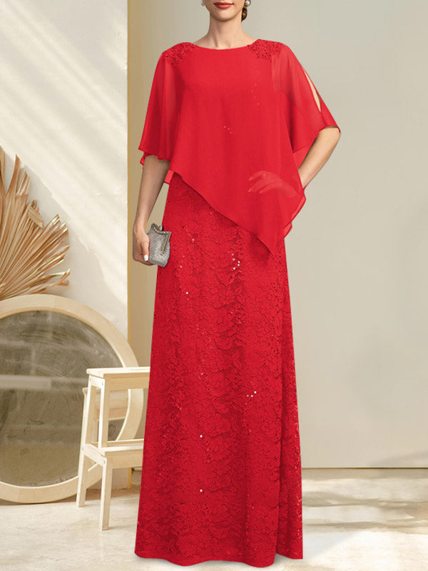 Vestido de madre de la novia de gasa con encaje, escote redondo y largo hasta el suelo, con lentejuelas y abalorios