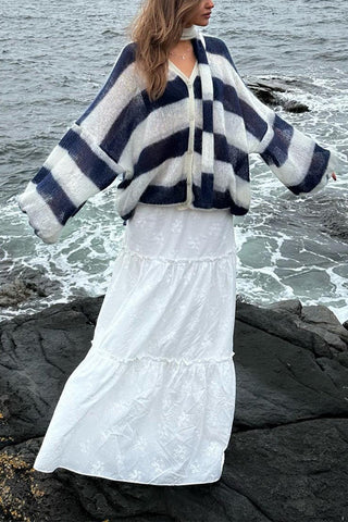 Suéter Meridress con mangas farol, botones, rayas en bloques de color y bufanda