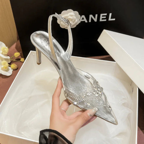 Sandalias transparentes de verano nuevas plateadas versátiles con diamantes, tacones pequeños, tiras imposibles, tacones altos 
