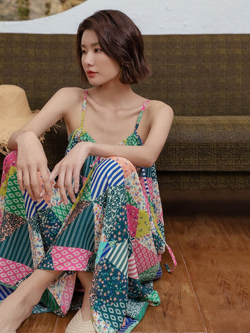 Women Summer Retro Triangle Floral Spliced Vest Dress