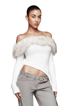 Fuzzy Long Sleeve Off Shoulder Asymmetric Long Sleeve Tee