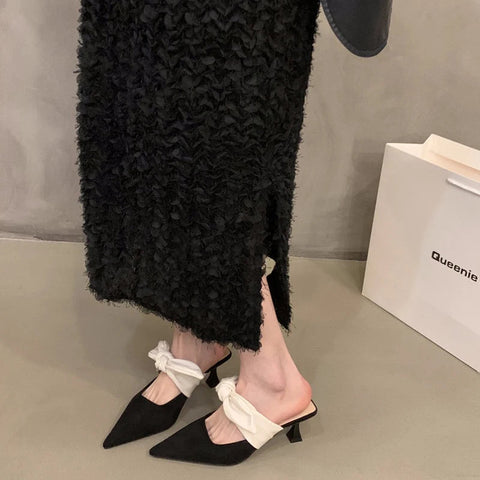 Zapatillas de verano estilo callejero con lazo para mujer, zapatos de mulas de punta puntiaguda a la moda, zapatos sexis para fiesta y graduación 