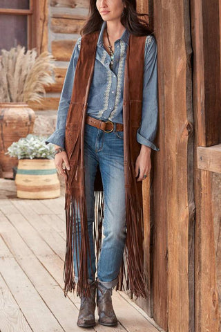 Chaleco tipo capa sin mangas ajustado con borlas de caballo a la moda