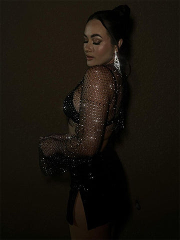 TARUXY Rinestone Crystal Sparkly Tops Cover-Up For Women Sexy Hollow Out Diamonds Long-Sleeve Pullover Crop Tops Club Outfits