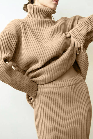 Vestido midi de dos piezas de cuello alto extragrande de punto acanalado de lujo para invierno - Caqui 